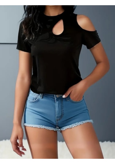 Modaserdem Kadın Kısa Kollu Tek Omuzu Açık Damla Detaylı Viskon Bluz Siyah