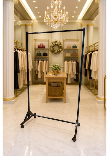 Premium 130 Cm Çelik Konfeksiyon 105 Cm En Elbise Askılık Tekerlekli Demonte Portmanto Hanger Siyah