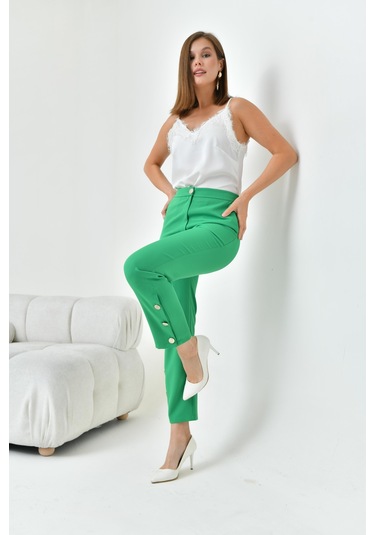 Ftz Women Kadın Dar Paça Düğmeli Pantolon Benetton 30779-Benetton Yeşil