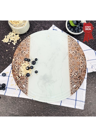 Kanallı Cam Kesme Tahtası - Arabesk Desen - Çap32cm-patentli Ürün