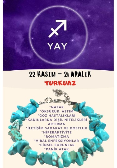 Gümüştel El Sanatları Sertifikalı Burç Taşı Yay Burcu Turkuaz Taşı Bileklik Çok Renkli