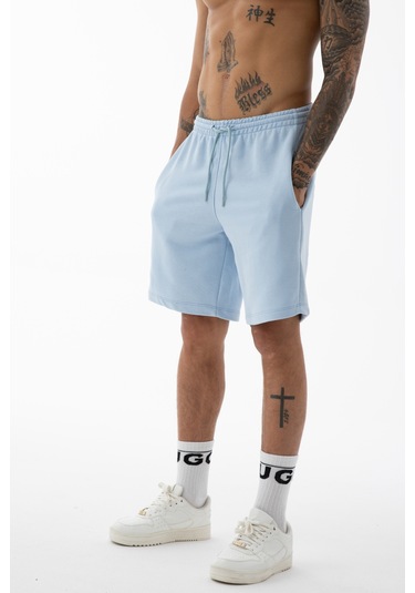 Erkek Açık Mavi Yüksek Kalite Relax-fit Rahat Kesim %100 Pamuk Bağcıklı Siyah Düz Basic Şort Açık Mavi
