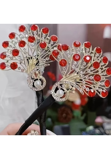 Hightower Kırmızı Vintage Saç Topu Yapıcı - Yeşil Ve Şeffaf Taşlı Zarif Tavuskuşu Tasarımı Kırmızı