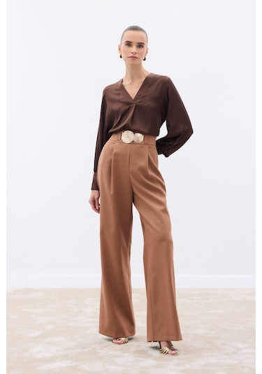 Sateen Aksesuarlı Pantolon - Camel-136562 Camel