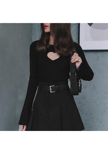 Vonda Kadın Vintage Yuvarlak Yaka Uzun Kollu Dar Kazak Kazaklar Siyah