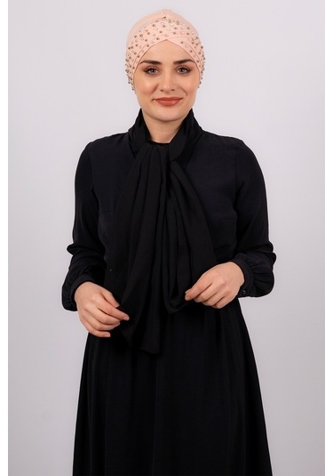 Somon Pratik Hazır Geçmeli Tesettür Bone Sandy Kumaş Taşlı 1456_3 Somon