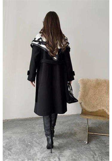 Neşeli Butik Kadın Kuşak Detaylı Astarlı Kaşe Kaban Nbg120 Siyah