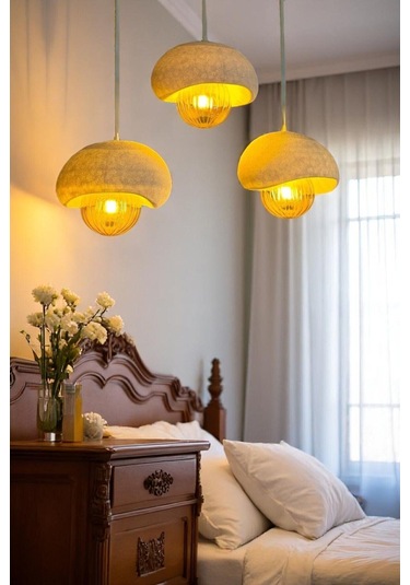 Caka Tepsili 3 Lü Sarkıt Avize Rustik E27 Modern Avize Beton Görünüm Bohem Rustik Ampul Hediyeli Beyaz