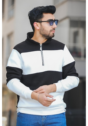 Oksit Arman Üç İplik Şardonlu Parçalı Fermuarlı Dik Yaka Slim Fit Erkek Sweatshirt 001