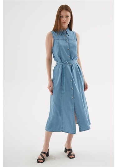 Fashion Friends Kadın Denim Gömlek Elbise 25y0384k1 Mavi