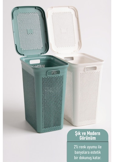 İronika Slim İki Bölmeli Kapaklı Dekoratif Kirli Çamaşır Sepeti 90 Litre Yeşil - Beyaz Yeşil