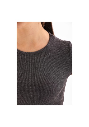 Kadın Likralı Kısa Kol Crop Bluz Antrasit