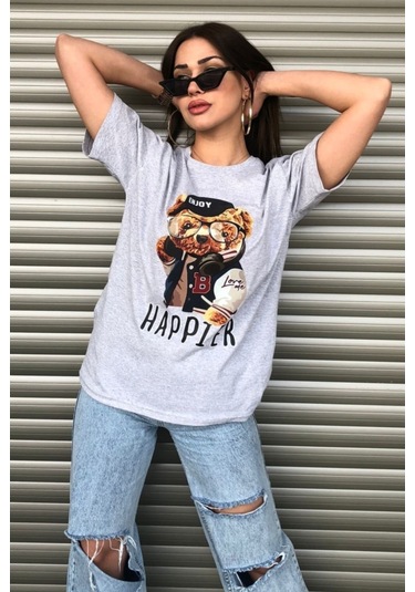 Modagen Kadın Happier Oversize Baskılı Gri T-shirt Hp Gri