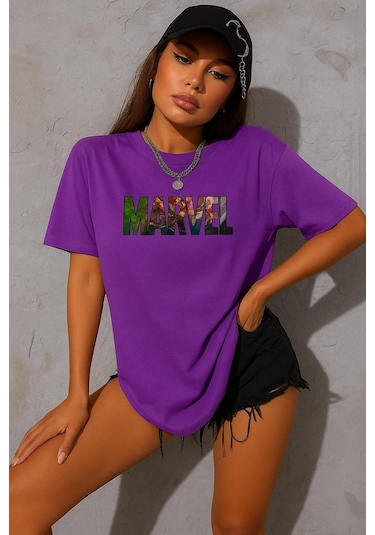 Marvel Baskılı Oversize Beyaz T-shirt Çok Renkli