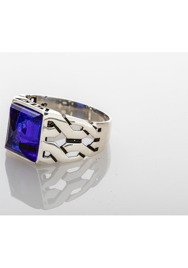 Gümüş Lacivert Baget Kesim Zirkon Taşlı Kare Model Erkek Yüzük