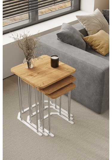 3' Lü Kare Zigon Sehpa Gümüş Ayak Atlantik Çam 18 Mm Mdf Gümüş - Atlantik Çam