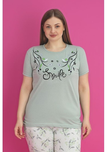 X-dreamy Büyük Beden Pamuklu Çiçekli Kısa Kollu Pijama Takımı Yeşil