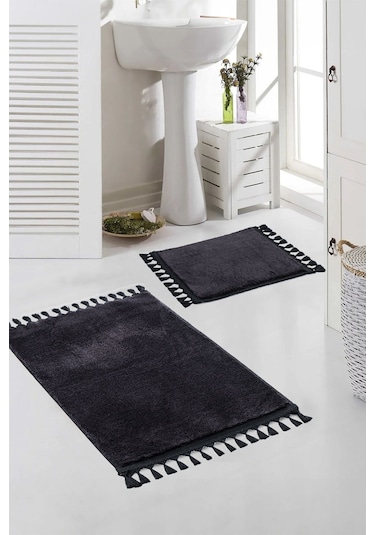 Vl Yıkanabilir Premium Ponpon Saçaklı Kaymaz Taban Post Peluş Banyo Paspası 2'li Takım Antrasit Siyah