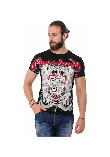 CT716 Ön Arka Gölge Baskılı Siyah Tişört Siyah