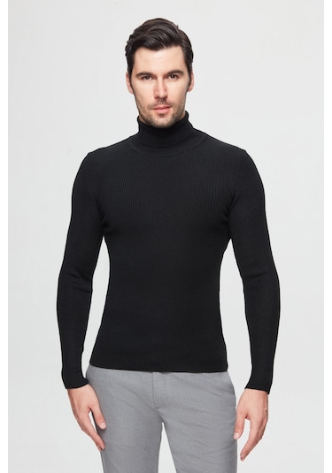 Twn Slim Fit Siyah Rib Örgü Kazak 5ec0606317641 001