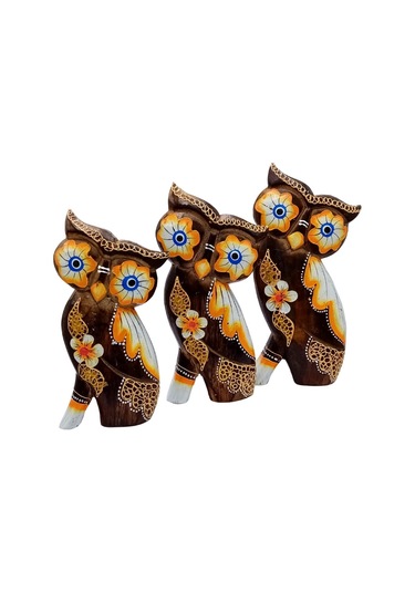 Ahşap Aborjin Üçlü Baykuş Dekoratif Biblo No.2 20 Cm