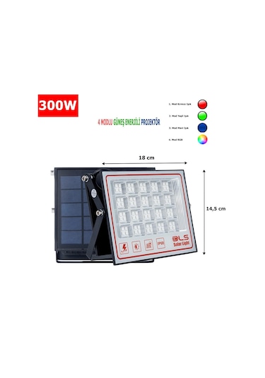 300 Solar 5 Modlu Güneş Enerjili Led Projektör Mavi Yeşil Kırmızı Ve Rgb Renk Aydınlatma