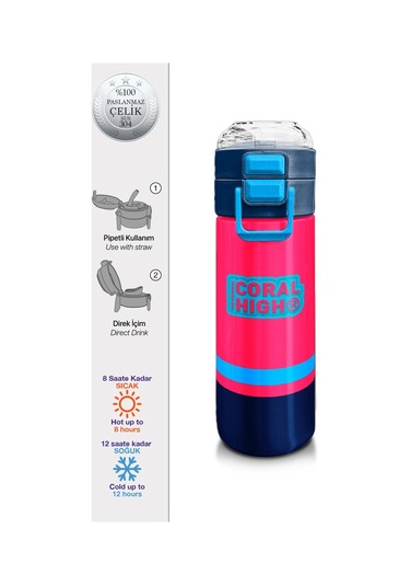 Coral High Kids Neon Mercan Lacivert Pipetli Ve Direkt İçim Çelik Termos 500 Ml 31823 Neon Mercan