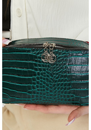 Morpelikan Yeşil Kroko İki Bölmeli Kadın Omuz Çantası Yeşil