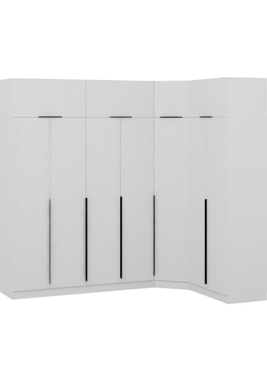 Kaleplus 7 Kapaklı 2 Çekmeceli Köşe Dolap + Yüklük Beyaz Mebran Beyaz Çizgili 255cm Beyaz