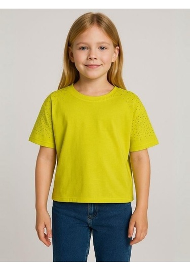 Kız Çocuk Taş İşlemeli Pamuklu T-shirt-15981 Sarı