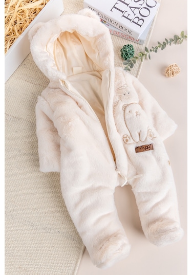 Premium Kalite Peluş Pamuk Penye Astarlı Ayıcık Fiğürlü Kışlık Kız-erkek Bebek Tulum Krem