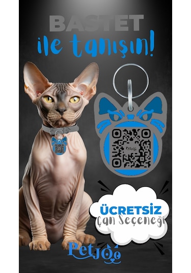Petjoo 1.Bastet Mavi-Gri Qr'lı Kedi Künyesi