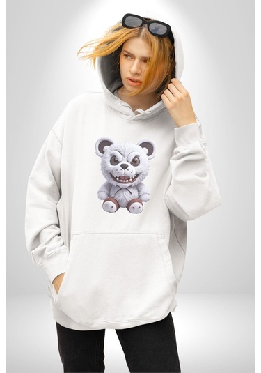 Freddy Korkunç Ayı Kadın Erkek Beyaz Kapüşonlu Sweatshirt Hoodie Beyaz