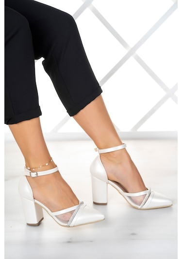 Molly Sedef Vegan Taşlı Fileli Kalın Topuklu Ayakkabı Sedef