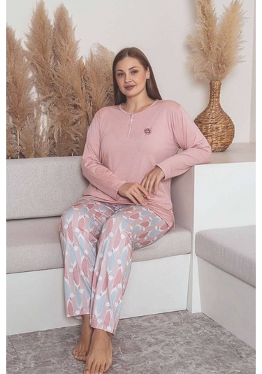 Kadın Çiçek Desen 3 Düğme Likralı Viskon Mevsimlik Büyük Beden Uzun Kol Pijama Takımı Pembe
