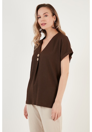 Lela Düğme Detaylı V Yaka Bayan Bluz 5865567 Kahve