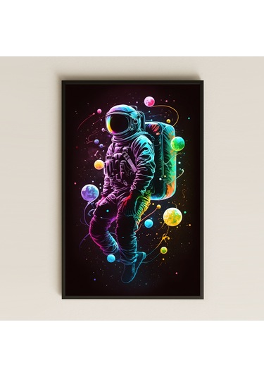 Neon Renkli Gezegenler Arasında Astronot Pleksi Tablo - Kozmik Sanat Dekoru
