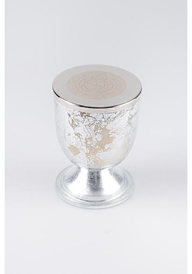 Gümüş Varak Eskitme Ayaklı Cam Mumluk Kokusuz Mum Logo Kapaklı Küçük 8.5x11.5 Cm