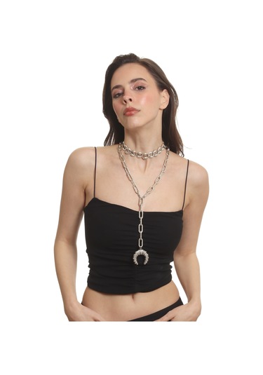 Labalaba Kadın Antik Gümüş Kaplama 2' Li Burgulu Ay Uçlu Kolye& Choker Gümüş