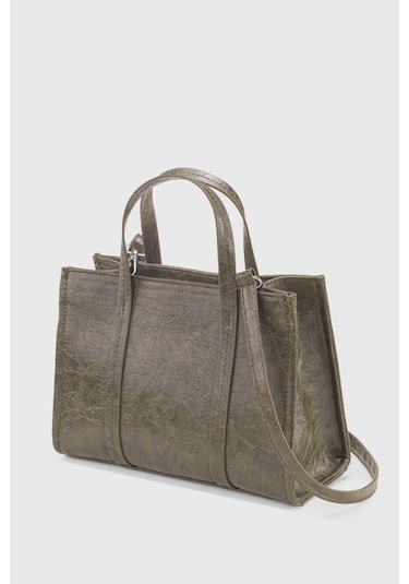 Housebags Haki Deri Görünümlü Çift Askılı Tote Bag 253 Haki
