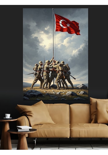 Türk Bayrağı Diken Askerler Dekoratif Kanvas - Mdf Ahşap Tablo