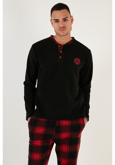 Buratti Ekose Regular Fit Bisiklet Yaka Kışlık Polar Erkek Pijama Takımı 609610013W4 Siyah-Kırmızı