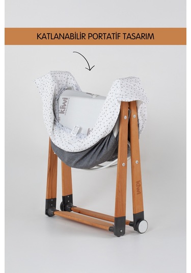 Kiwi Sleeper Anne Yanı Beşik, Portatif, Sallanır, Katlanır, Tekerlekli Bebek Beşiği - Luna Desen Gri