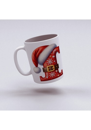 I Harfi Yılbaşı Temalı Bardak 330 Ml Harfli Kişiye Özel Hediye - Yeniyıl / Noel Şapka Tasarım Beyaz