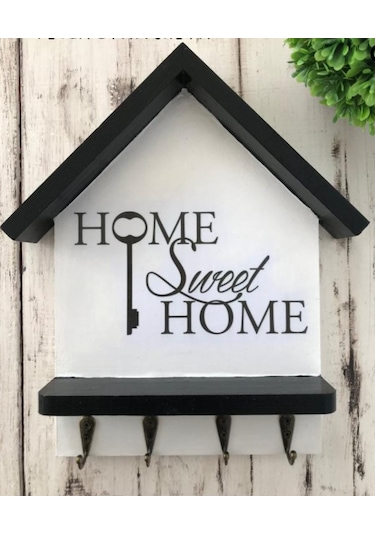 Sweet Home" Ahşap Anahtarlık 4 Kancalı Ahşap Anahtarlık Hol Antre Askılık Duvar Beyaz - Siyah
