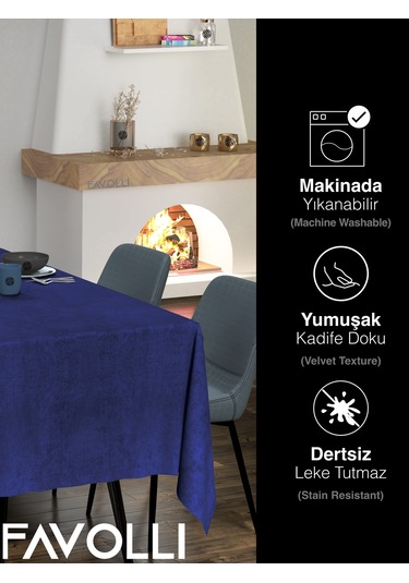 Kadife Dokulu Safir Renk Masa Örtüsü Safir