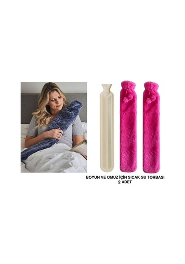 Sıcak Su Torbası 2 Adet,boyun Ve Omuz Icın Uzun Peluş Pembe Ponponlu 2lt Termofor 75x13cm Pembe