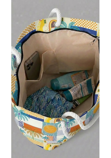 Miami Beach Tropikal Patchwork Desenli Geniş Hacimli Astarlı Kadın Plaj Çantası Renkli