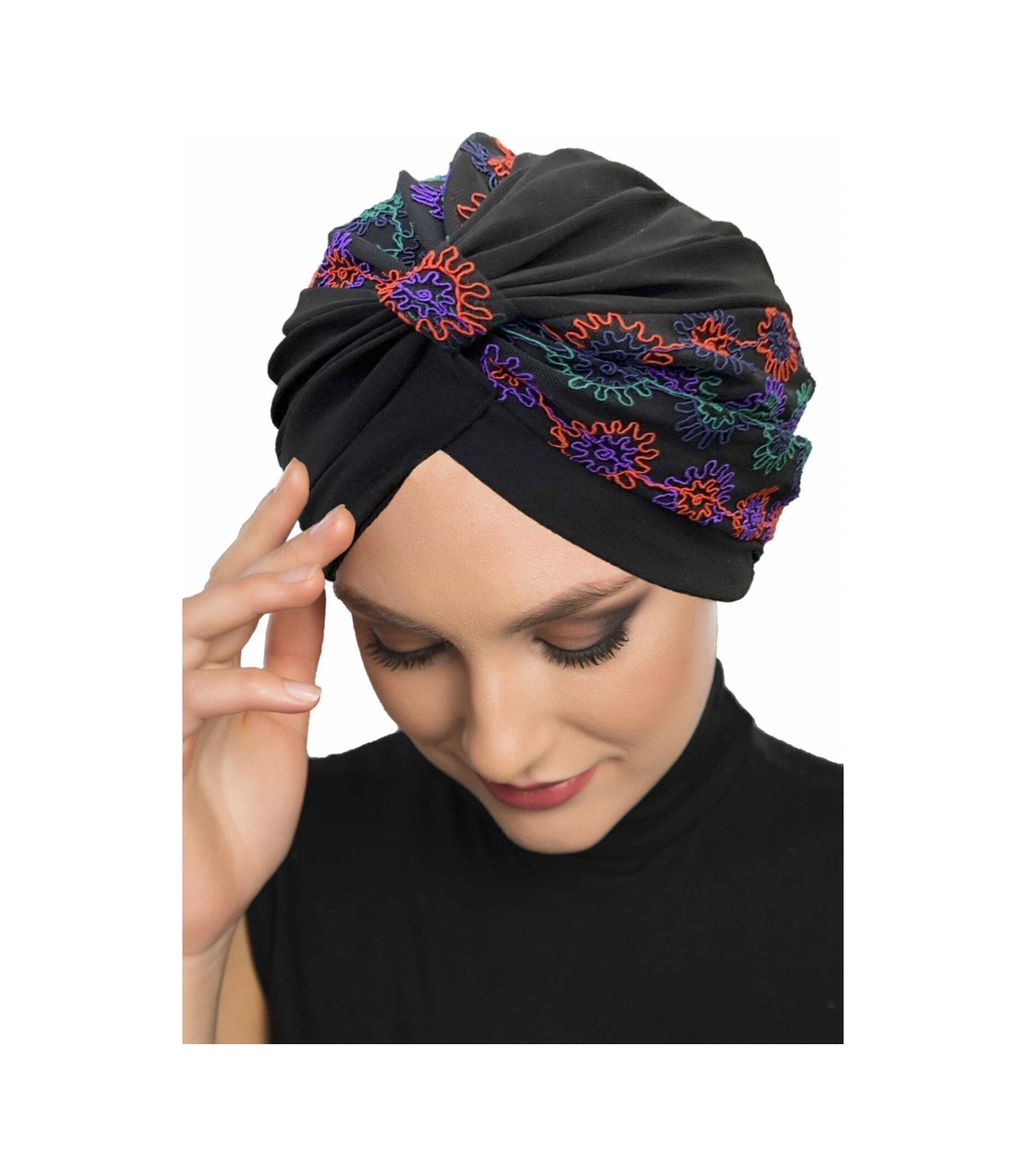 Otantik Nakış Motifli Astarlı Hazır Türban Tesettür Bone Siyah 10