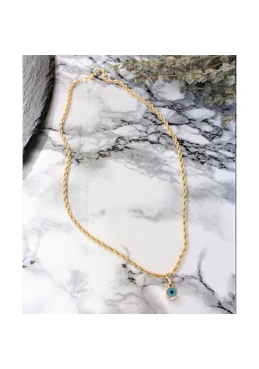 Altın Kaplama Hasır Burgu Zincir Mineli Nazar Gözü Kolye Altın